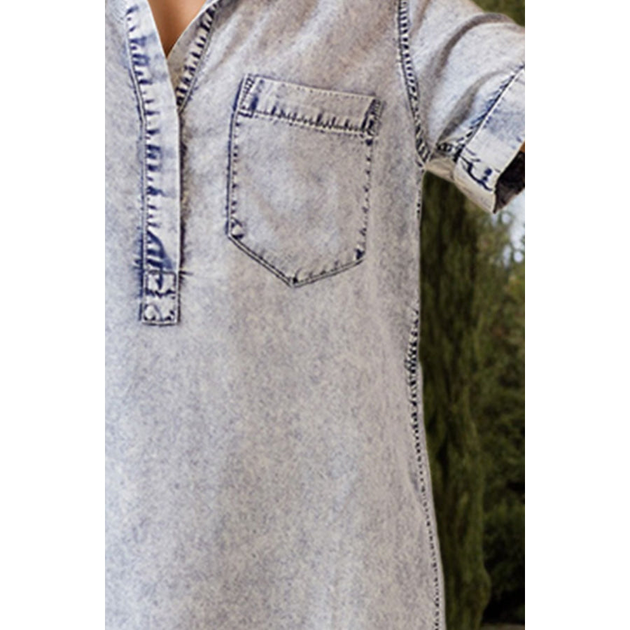 Pocketed Collared Neck Short Sleeve Denim Dress Apparel and Accessories