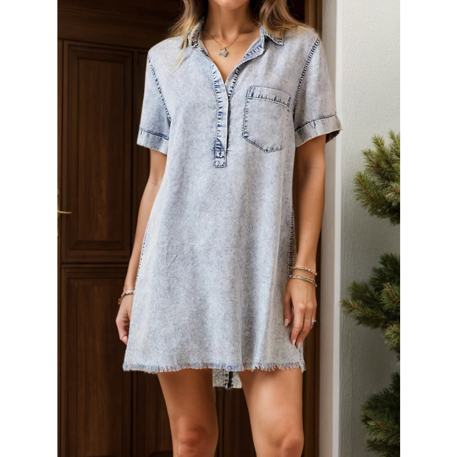 Pocketed Collared Neck Short Sleeve Denim Dress Light / S Apparel and Accessories
