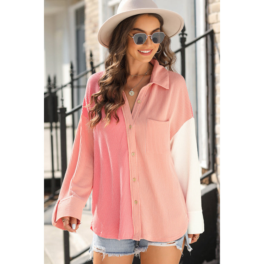 Pocketed Color Block Collared Neck Long Sleeve Shirt Apparel and Accessories