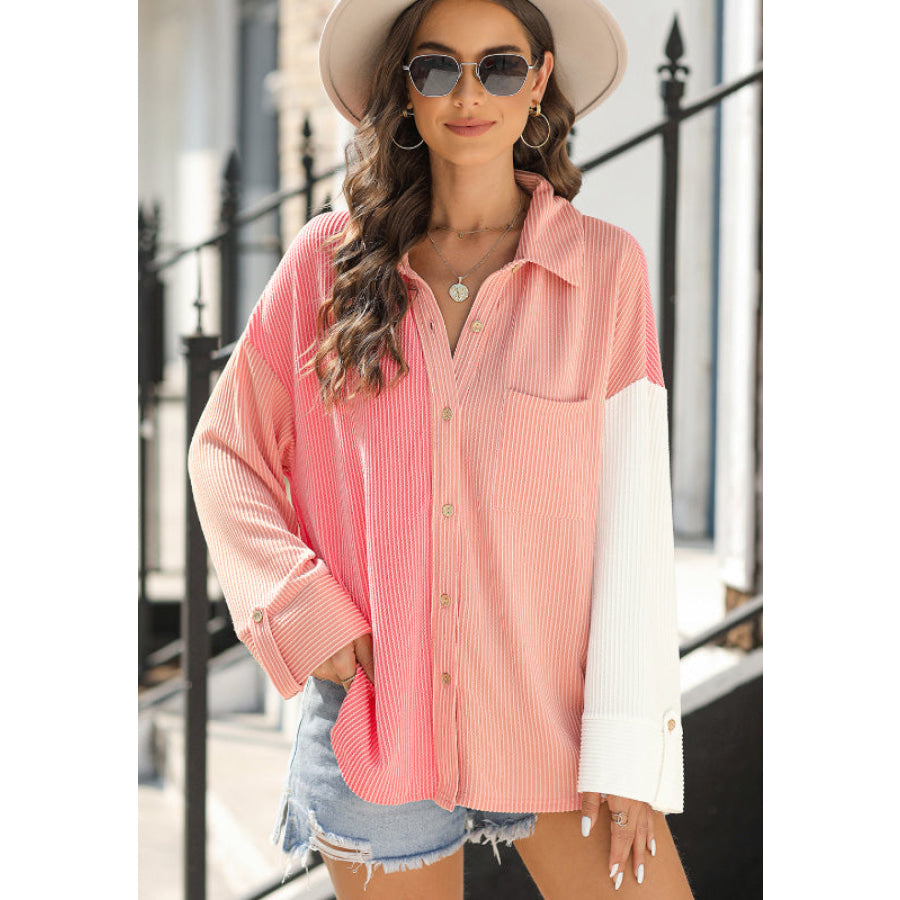 Pocketed Color Block Collared Neck Long Sleeve Shirt Apparel and Accessories
