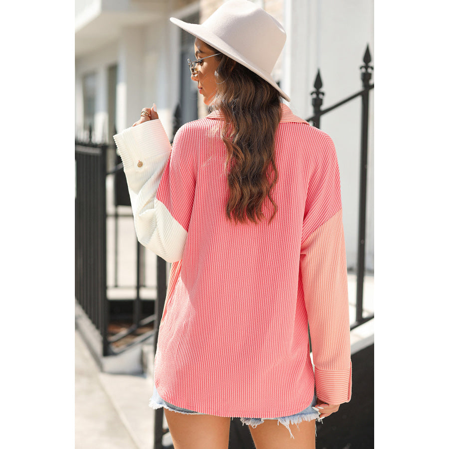 Pocketed Color Block Collared Neck Long Sleeve Shirt Apparel and Accessories