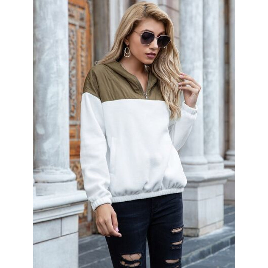 Pocketed Color Block Quarter Zip Hoodie Apparel and Accessories