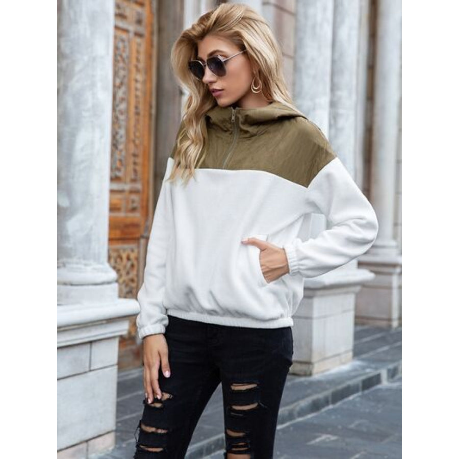 Pocketed Color Block Quarter Zip Hoodie Apparel and Accessories