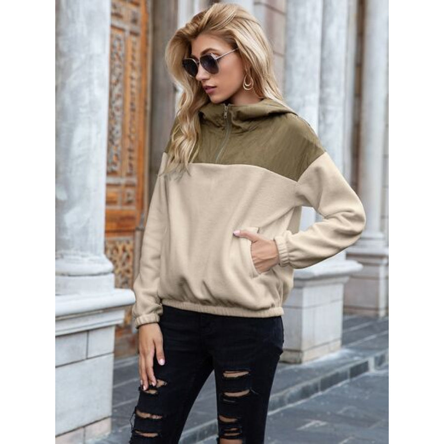 Pocketed Color Block Quarter Zip Hoodie Apparel and Accessories
