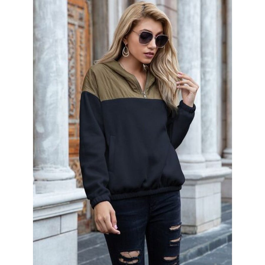 Pocketed Color Block Quarter Zip Hoodie Apparel and Accessories