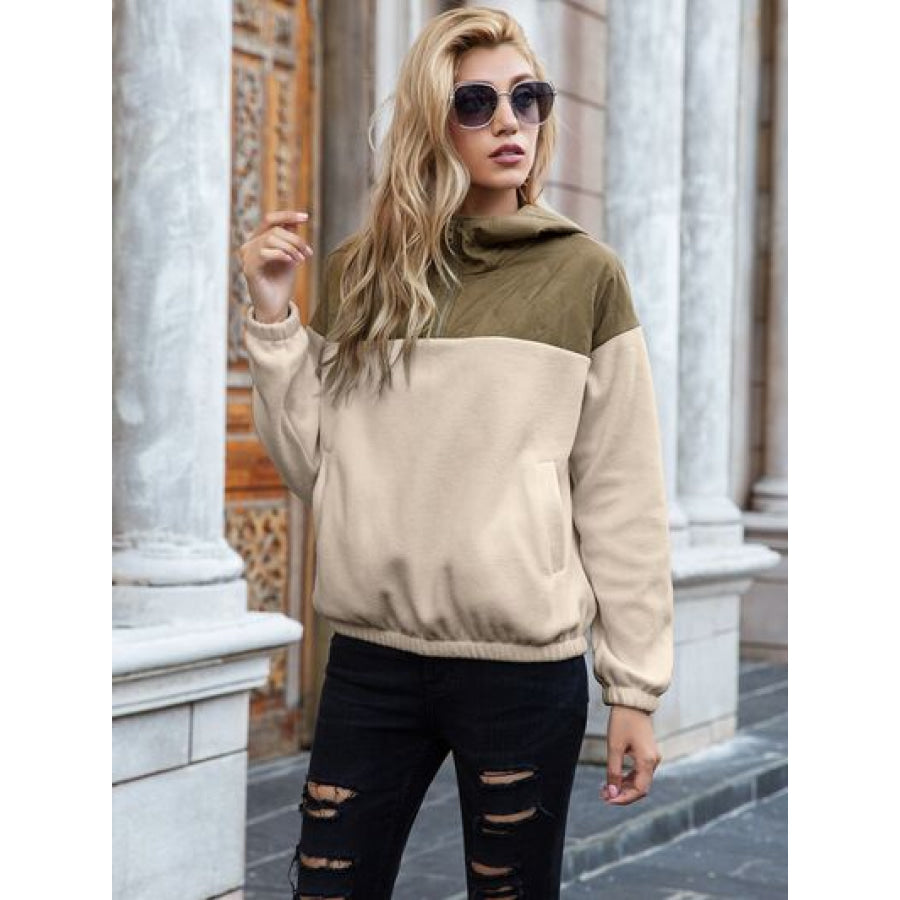 Pocketed Color Block Quarter Zip Hoodie Apparel and Accessories
