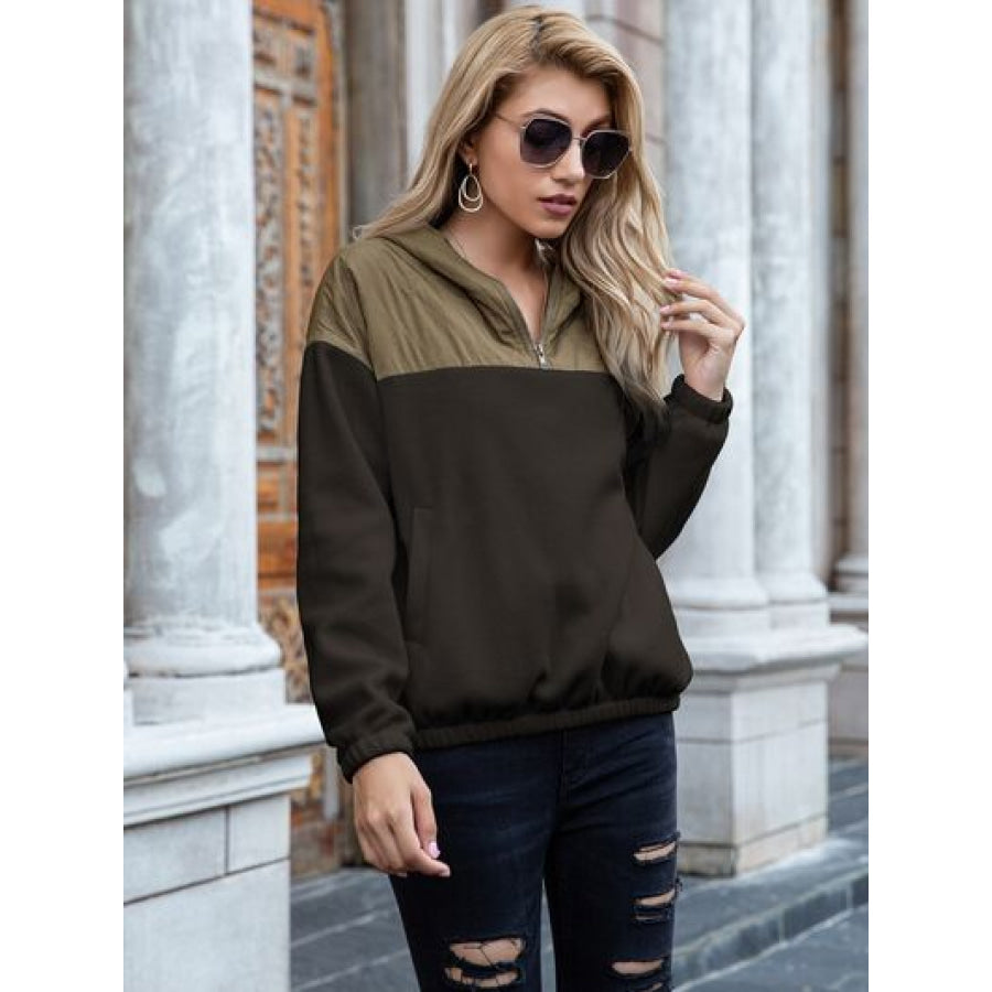 Pocketed Color Block Quarter Zip Hoodie Apparel and Accessories