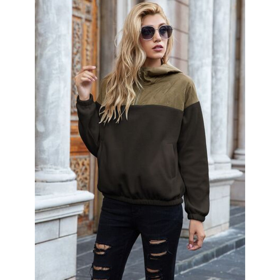 Pocketed Color Block Quarter Zip Hoodie Chocolate / S Apparel and Accessories