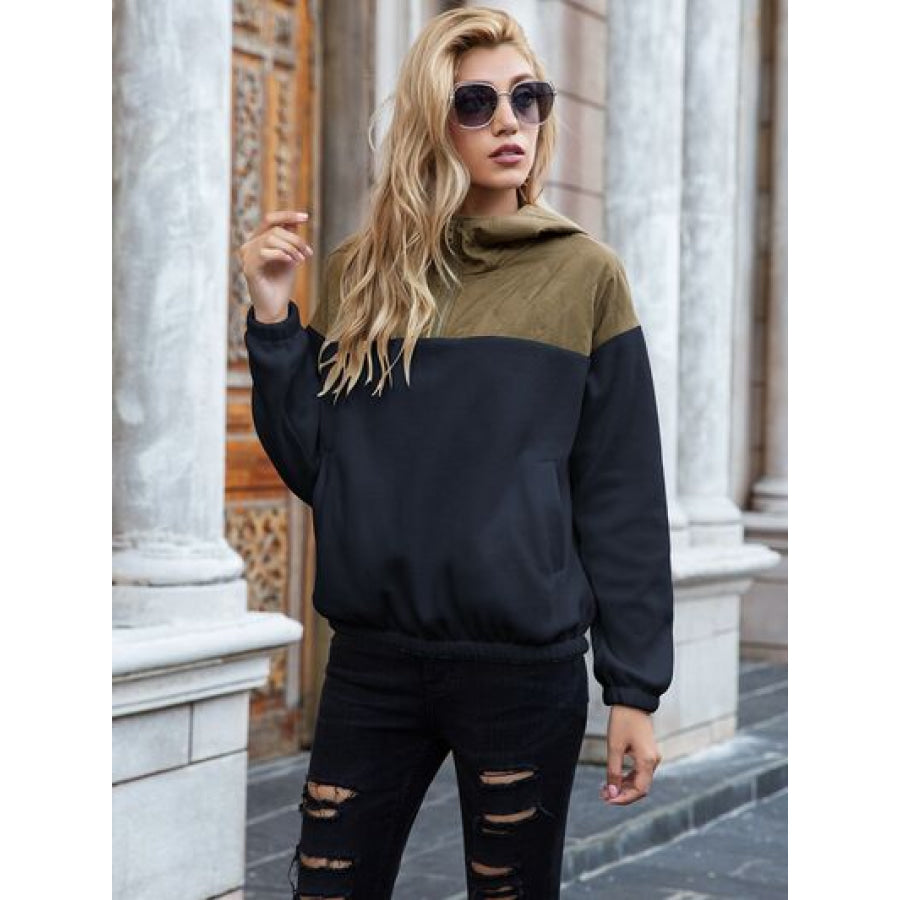 Pocketed Color Block Quarter Zip Hoodie Navy / S Apparel and Accessories