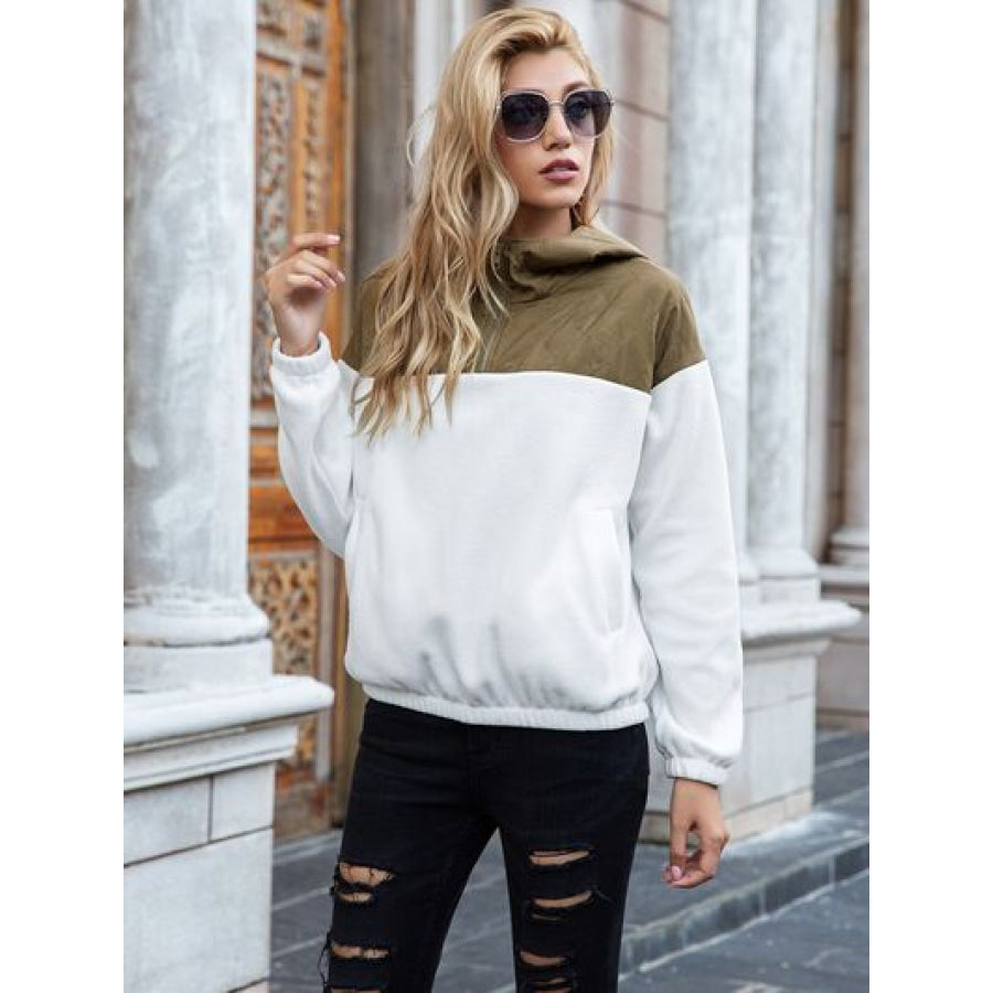 Pocketed Color Block Quarter Zip Hoodie White / S Apparel and Accessories