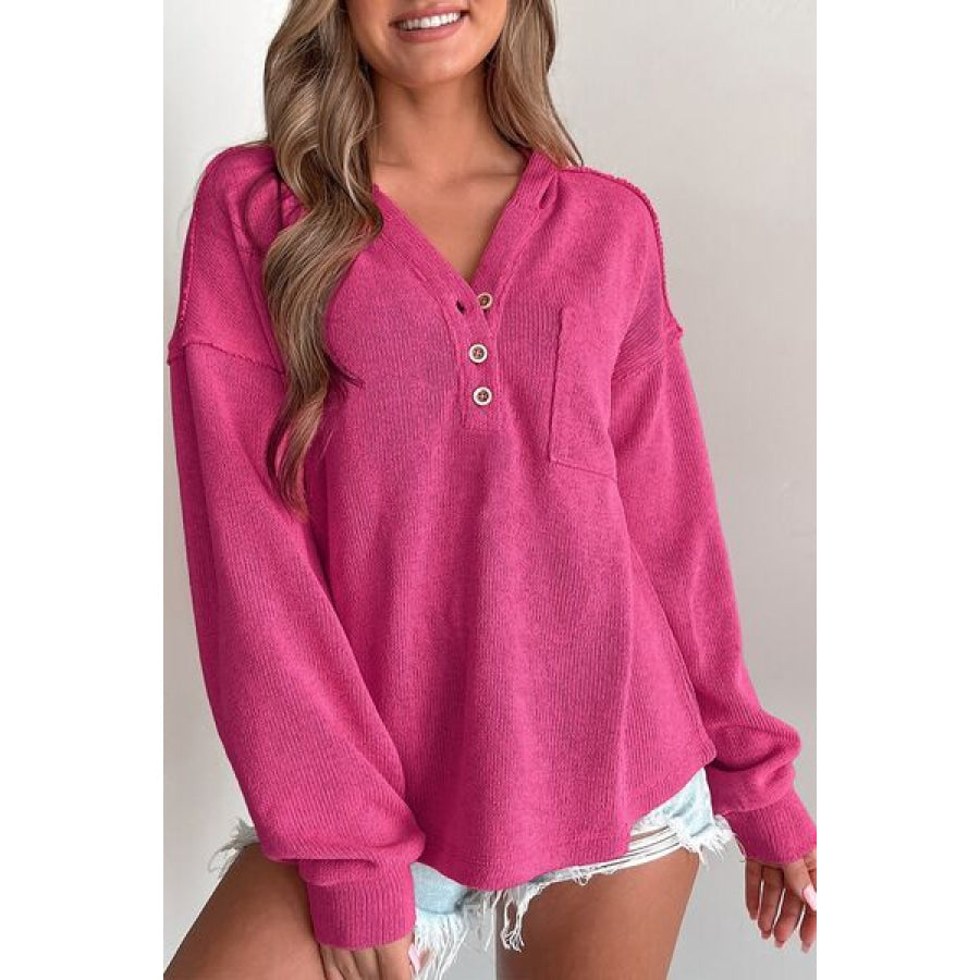 Pocketed Dropped Shoulder Long Sleeve Hoodie Cerise / S Apparel and Accessories
