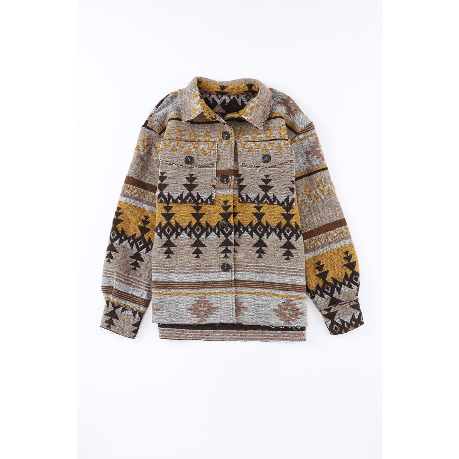 Pocketed Geometric Collared Neck Jacket Apparel and Accessories