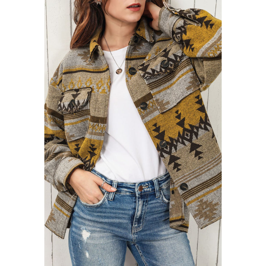 Pocketed Geometric Collared Neck Jacket Apparel and Accessories