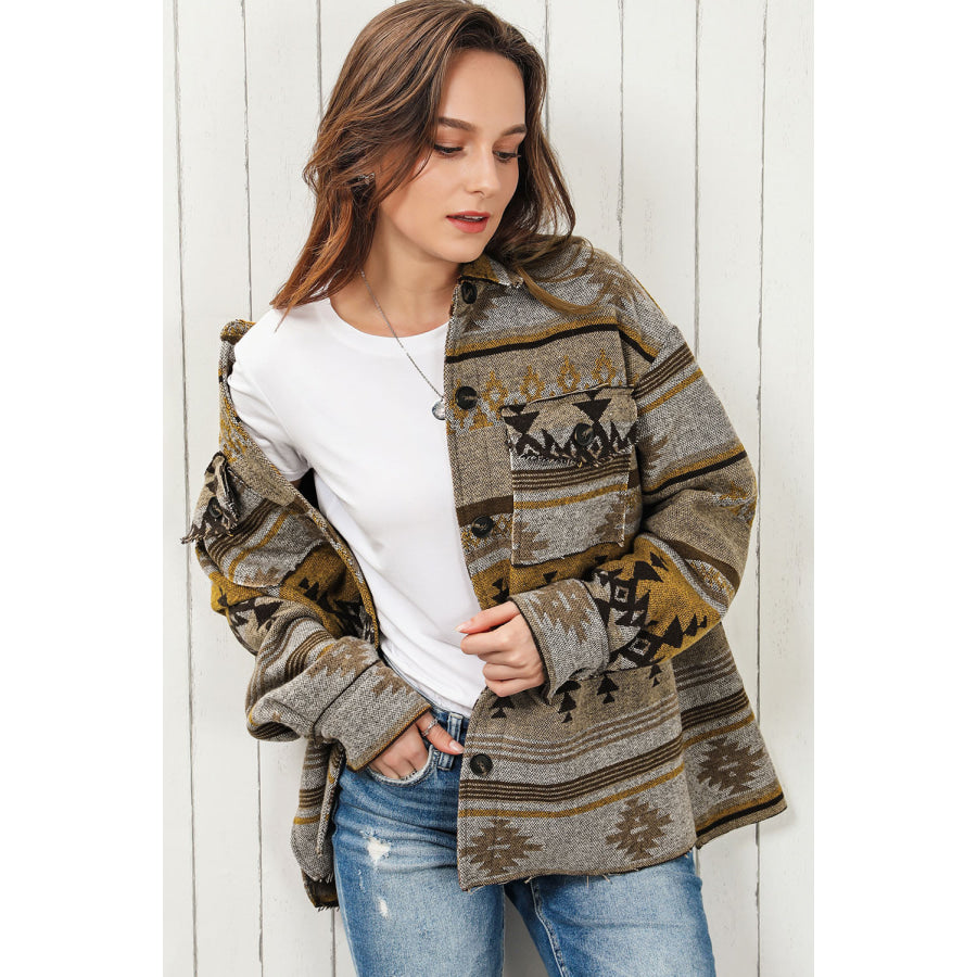 Pocketed Geometric Collared Neck Jacket Apparel and Accessories