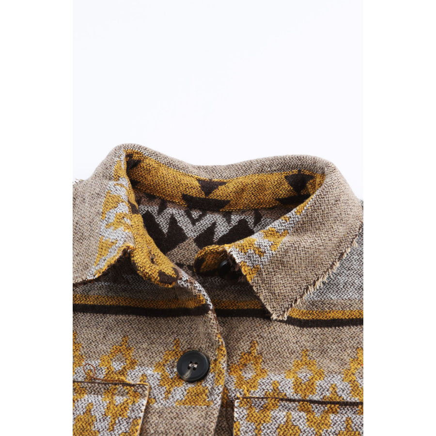 Pocketed Geometric Collared Neck Jacket Apparel and Accessories