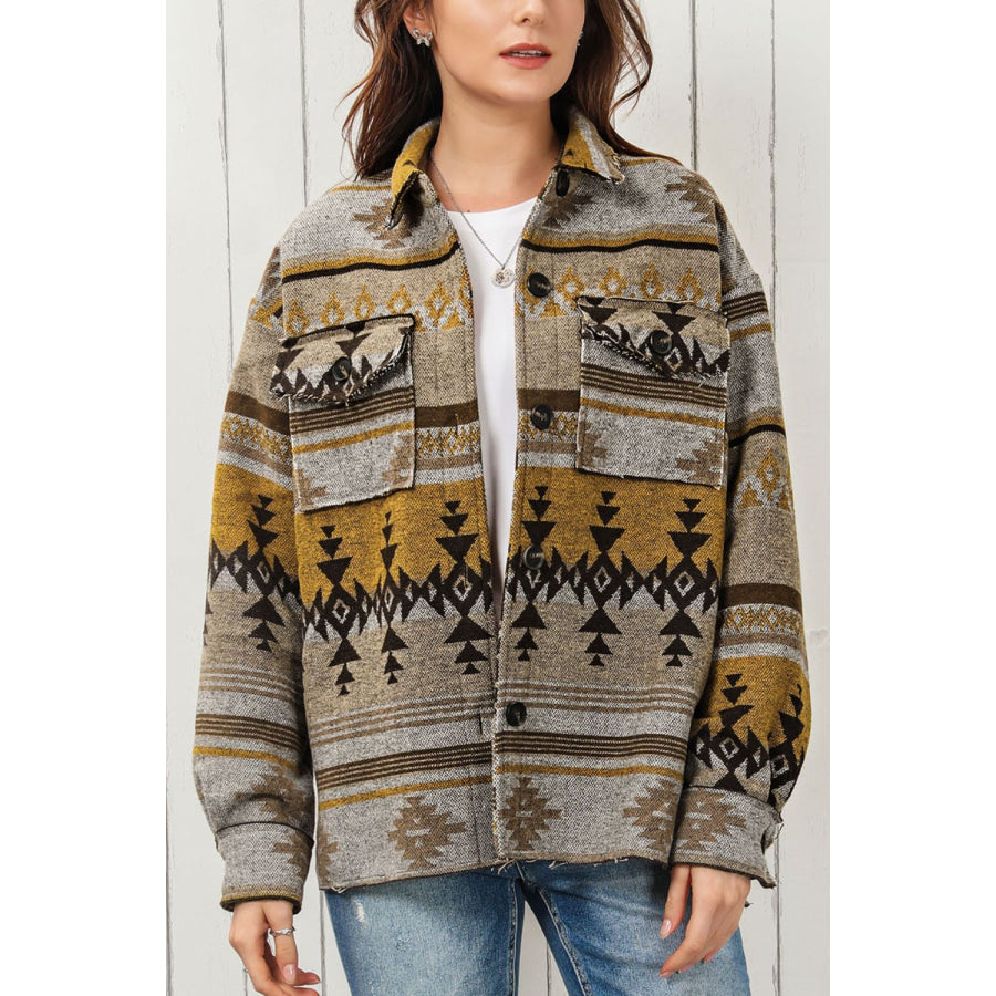 Pocketed Geometric Collared Neck Jacket Apparel and Accessories
