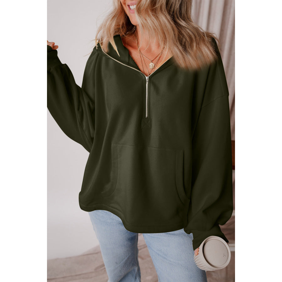 Pocketed Half Zip Dropped Shoulder Hoodie Apparel and Accessories