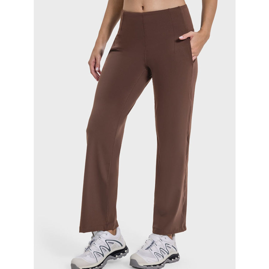 Pocketed High Waist Active Pants Brown / 4 Apparel and Accessories