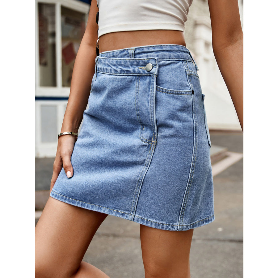 Pocketed High Waist Denim Skirt Apparel and Accessories