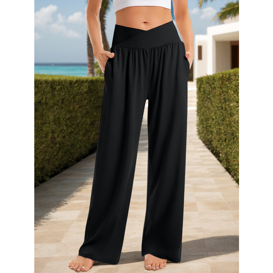 Pocketed High Waist Wide Leg Pants Apparel and Accessories