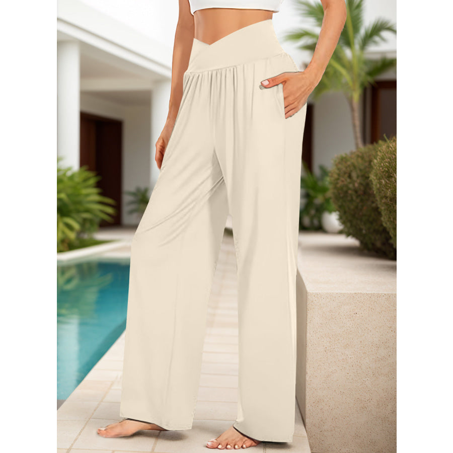 Pocketed High Waist Wide Leg Pants Apparel and Accessories