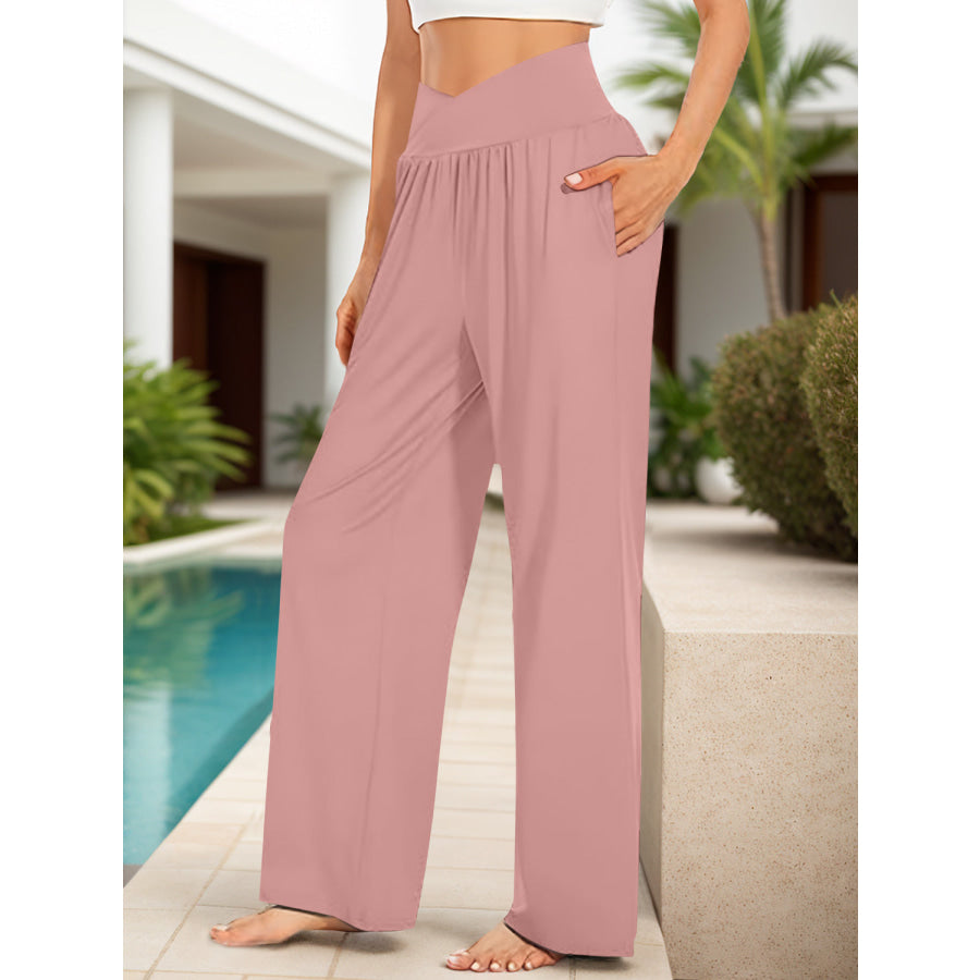 Pocketed High Waist Wide Leg Pants Apparel and Accessories