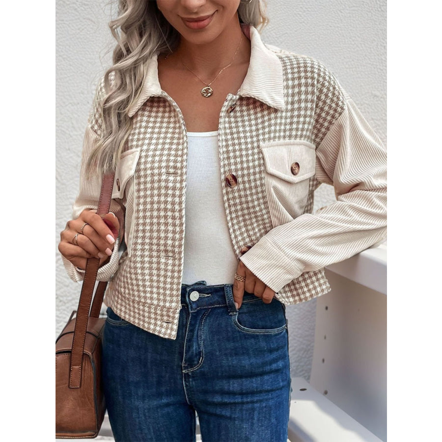 Pocketed Houndstooth Long Sleeve Jacket Apparel and Accessories