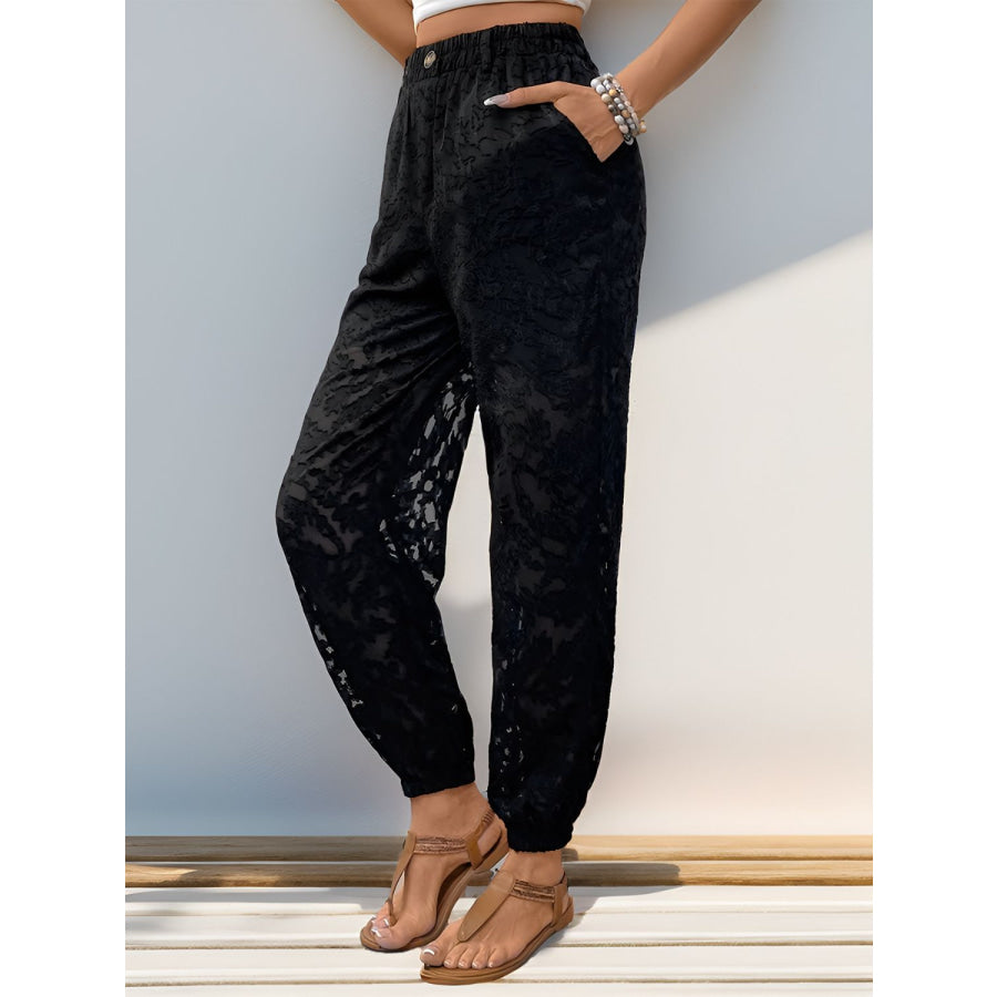 Pocketed Lace Elastic Waist Pants Apparel and Accessories