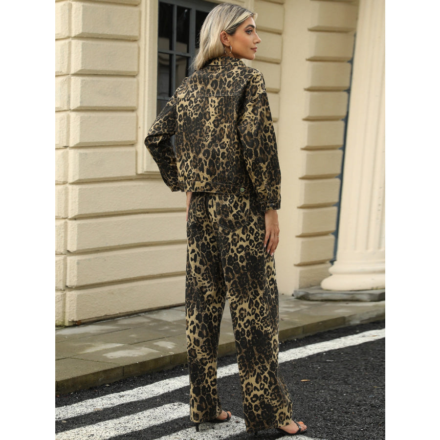 Pocketed Leopard Long Sleeve Denim Jacket Apparel and Accessories
