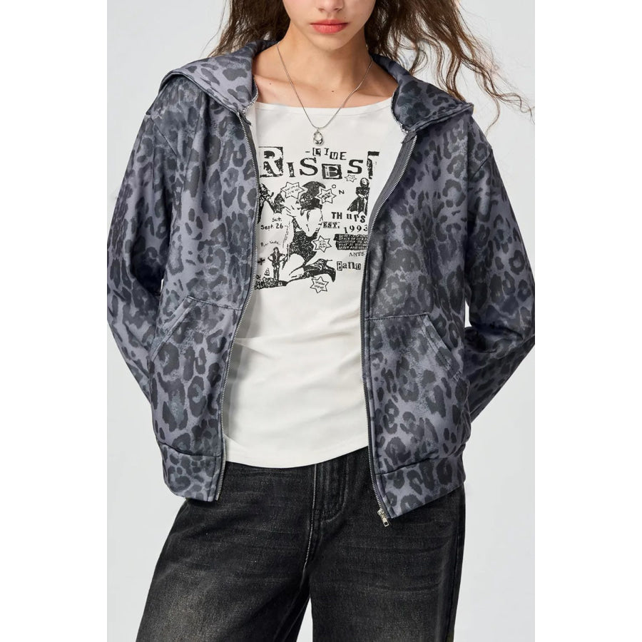 Pocketed Leopard Zip Up Hooded Jacket Apparel and Accessories