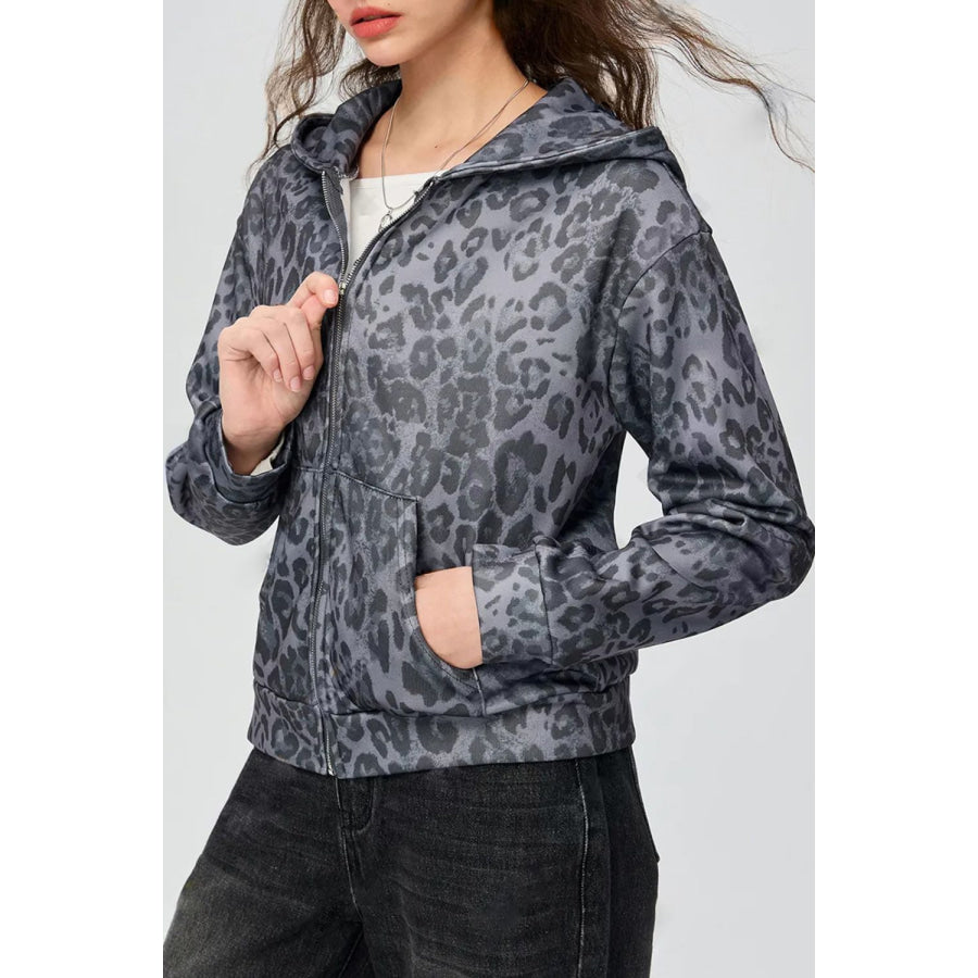 Pocketed Leopard Zip Up Hooded Jacket Apparel and Accessories