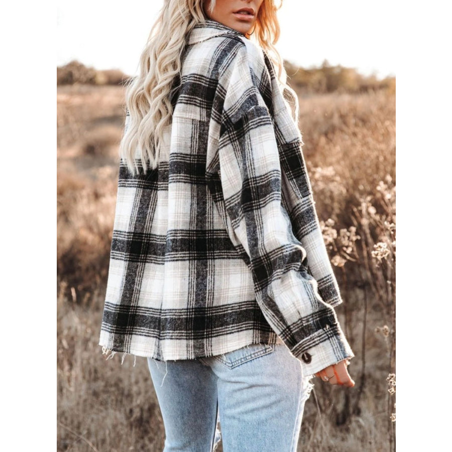 Pocketed Plaid Button Down Long Sleeve Shacket Apparel and Accessories