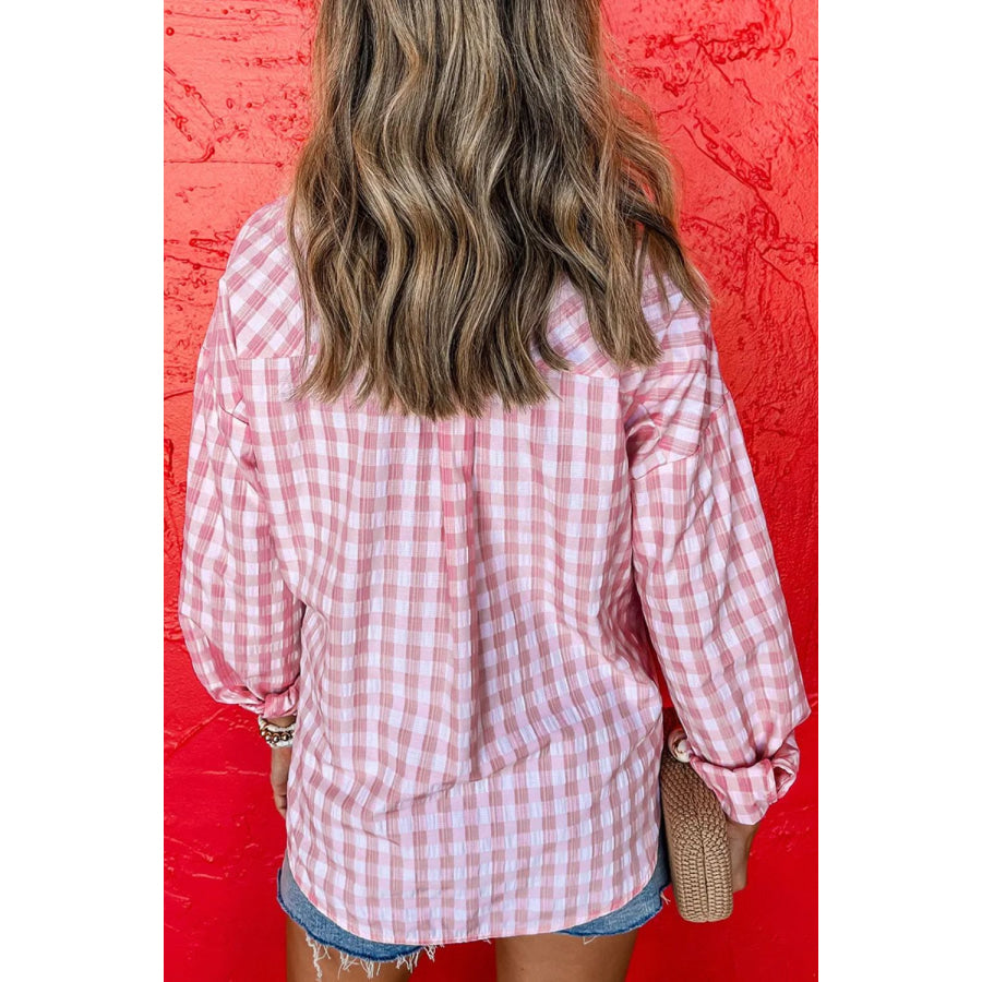 Pocketed Plaid Collared Neck Long Sleeve Shirt Apparel and Accessories