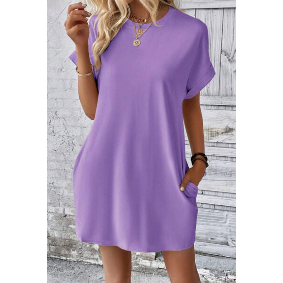 Pocketed Round Neck Short Sleeve Dress Apparel and Accessories