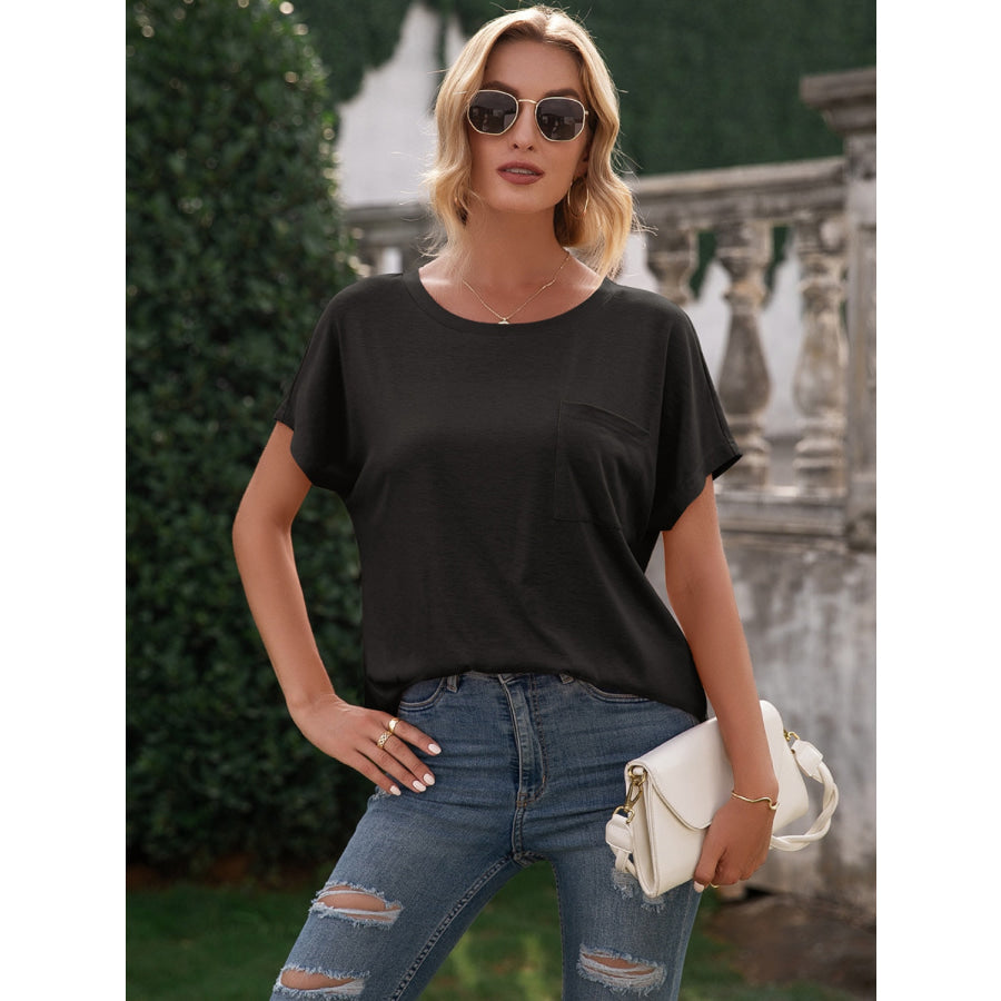 Pocketed Round Neck Short Sleeve T-Shirt Apparel and Accessories