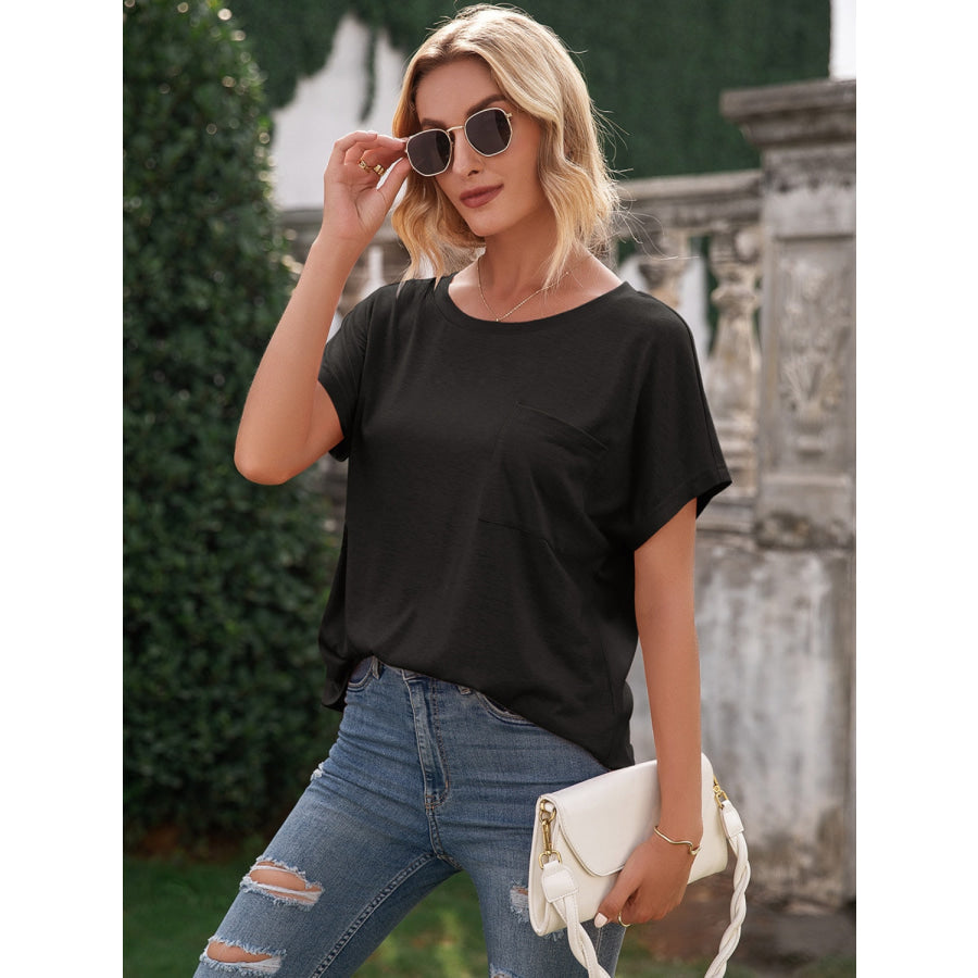 Pocketed Round Neck Short Sleeve T-Shirt Apparel and Accessories
