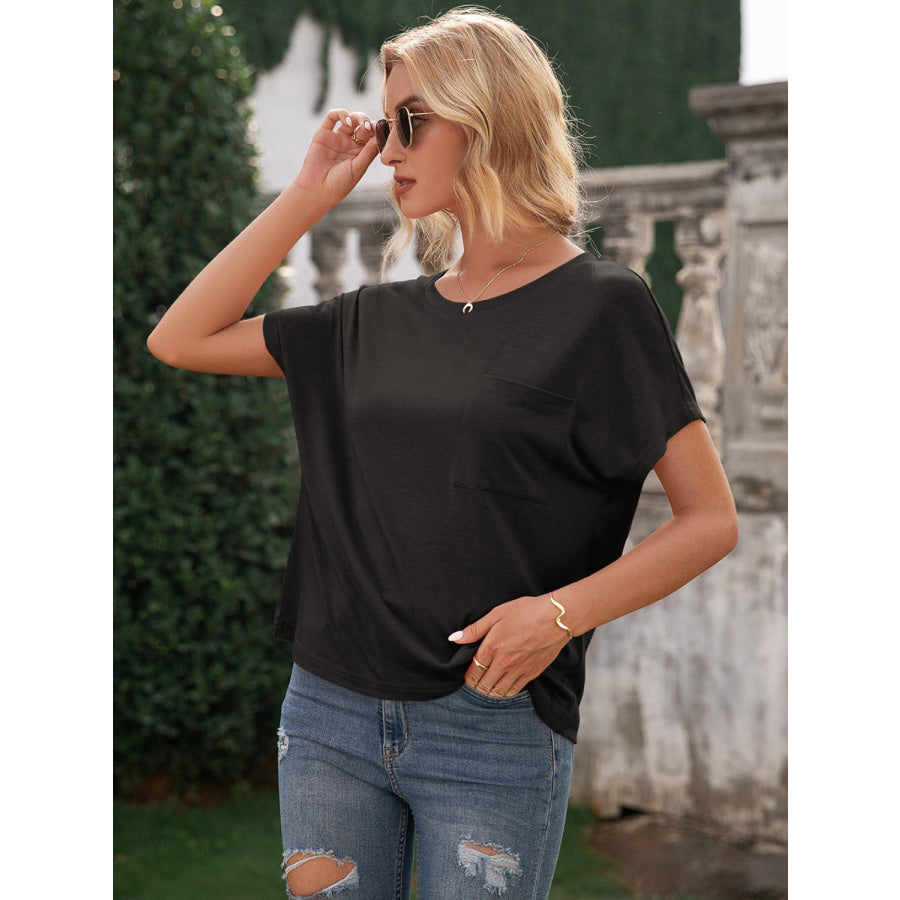 Pocketed Round Neck Short Sleeve T-Shirt Apparel and Accessories