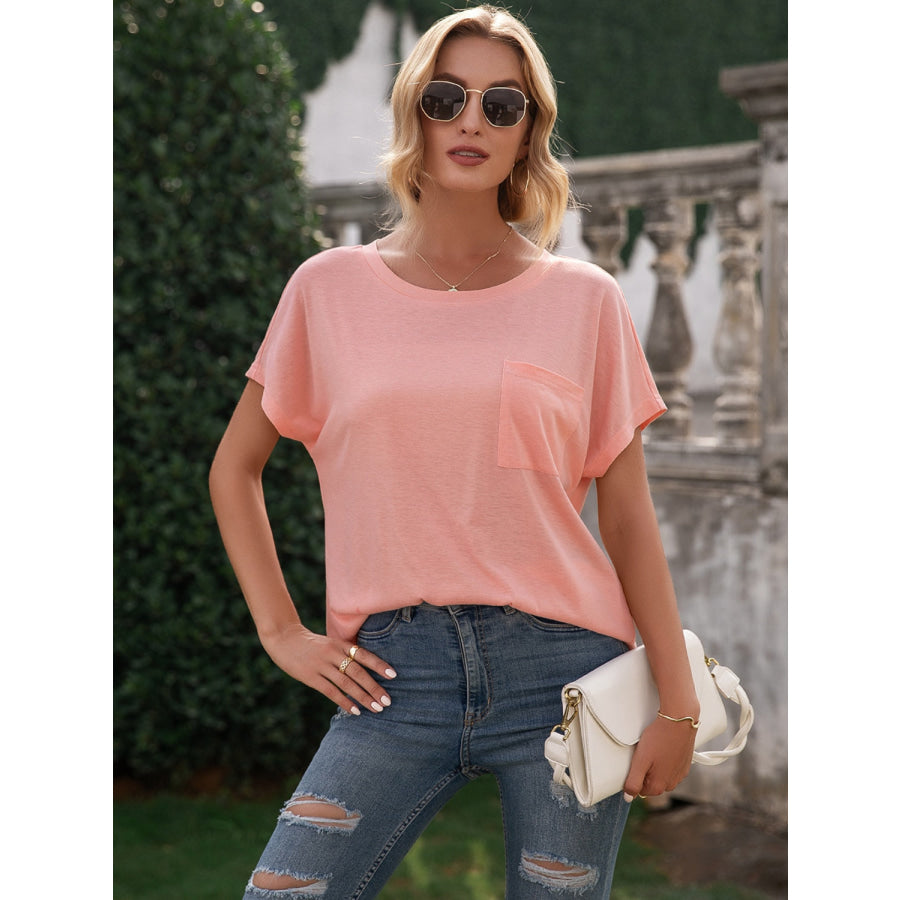 Pocketed Round Neck Short Sleeve T-Shirt Apparel and Accessories