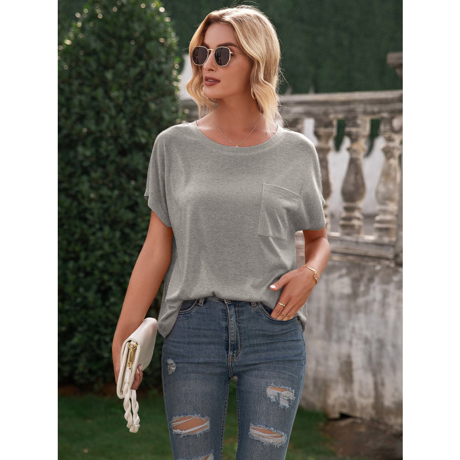 Pocketed Round Neck Short Sleeve T-Shirt Heather Gray / S Apparel and Accessories