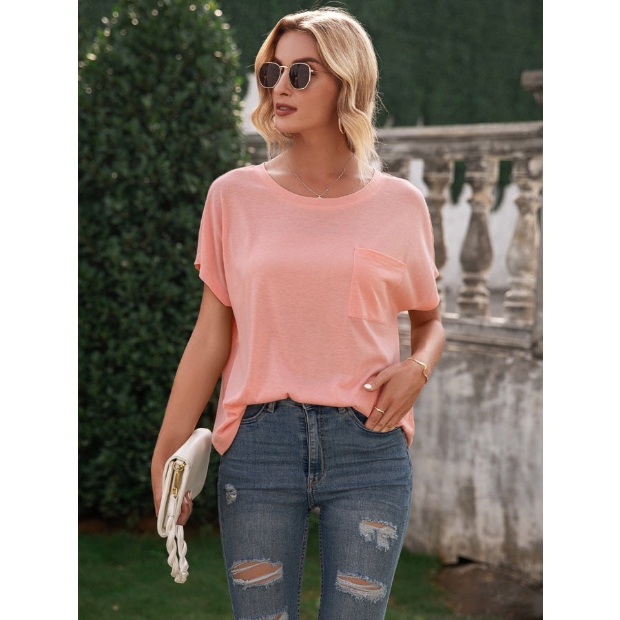 Pocketed Round Neck Short Sleeve T-Shirt Peach / S Apparel and Accessories