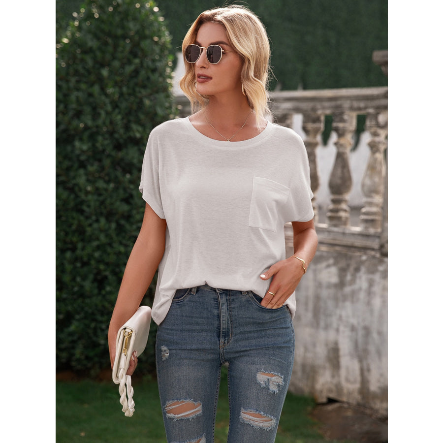 Pocketed Round Neck Short Sleeve T-Shirt White / S Apparel and Accessories