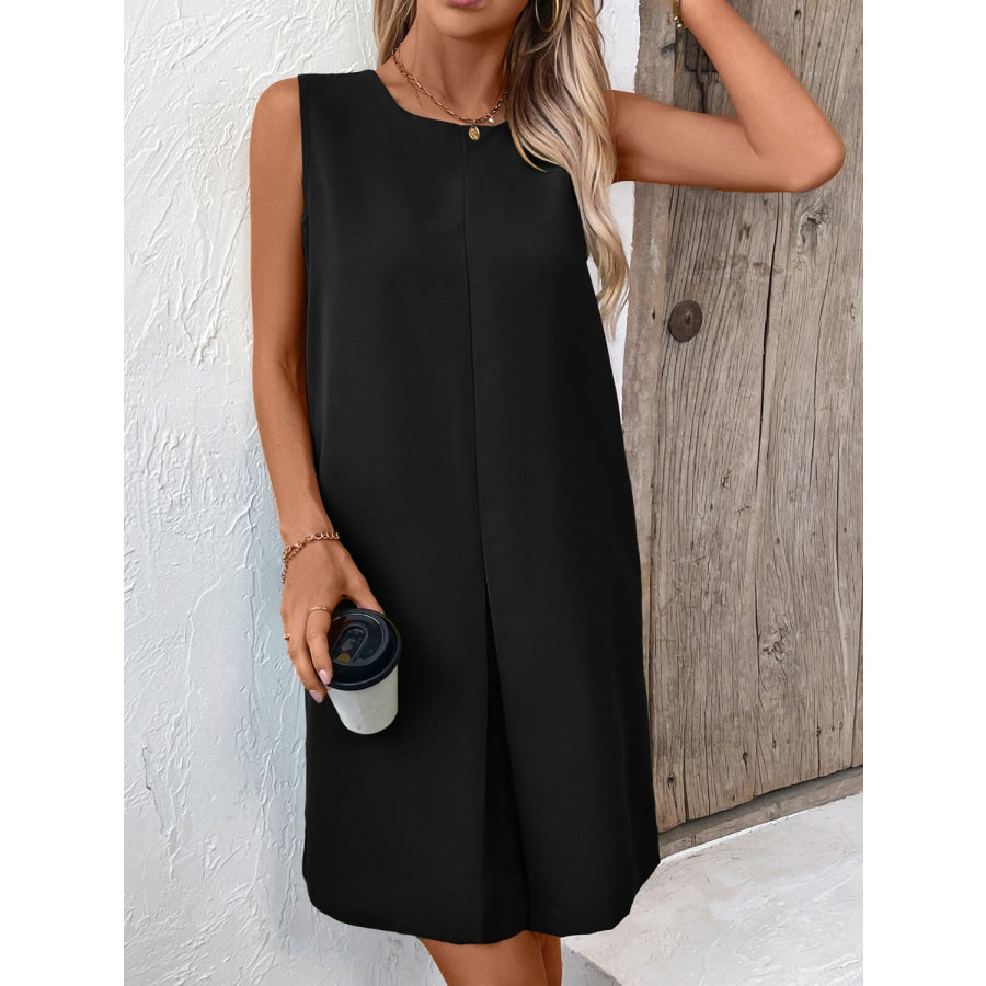 Pocketed Round Neck Sleeveless Mini Dress Apparel and Accessories