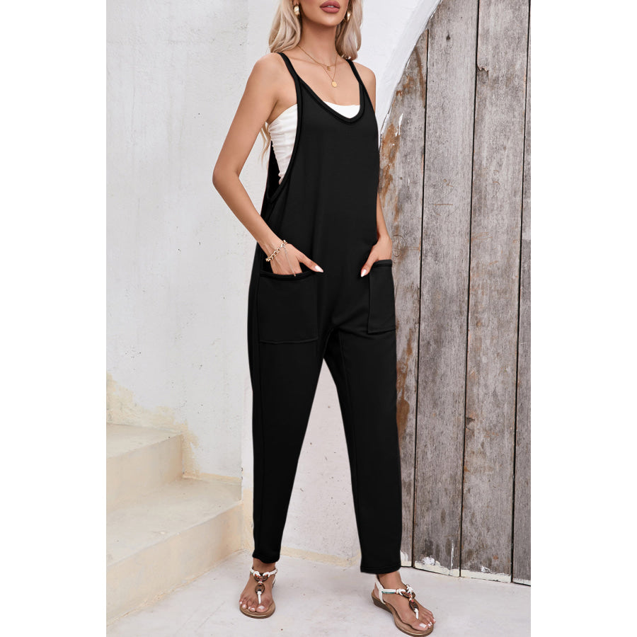 Pocketed Scoop Neck Spaghetti Strap Overalls Apparel and Accessories