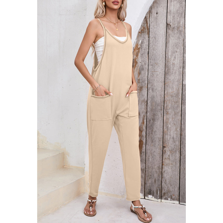 Pocketed Scoop Neck Spaghetti Strap Overalls Tan / L Apparel and Accessories