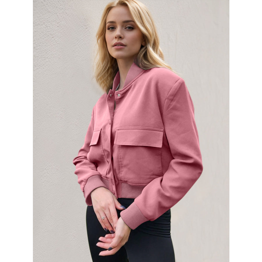 Pocketed Snap Down Baseball Collar Jacket Apparel and Accessories