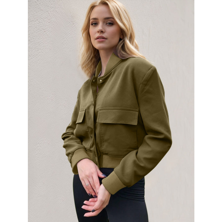 Pocketed Snap Down Baseball Collar Jacket Apparel and Accessories