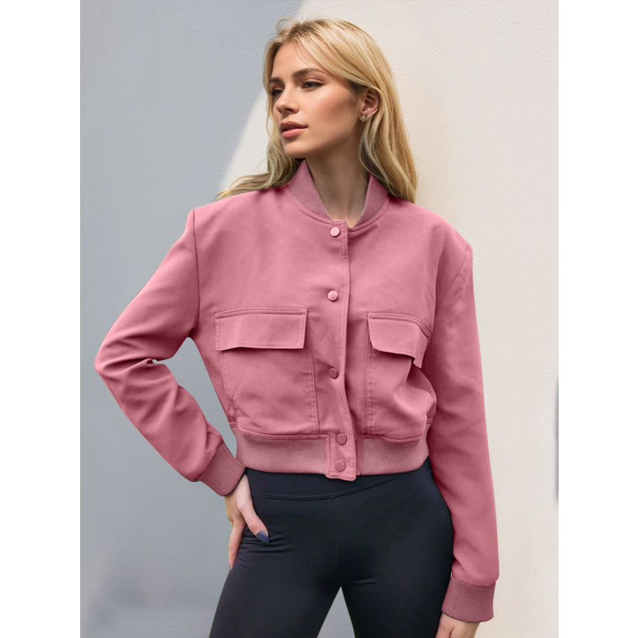 Pocketed Snap Down Baseball Collar Jacket Dusty Pink / S Apparel and Accessories