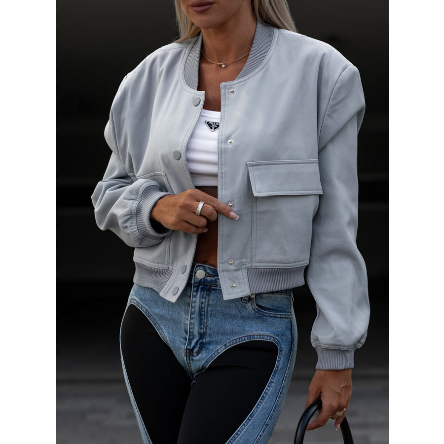 Pocketed Snap Down Baseball Collar Jacket Light Blue / S Apparel and Accessories