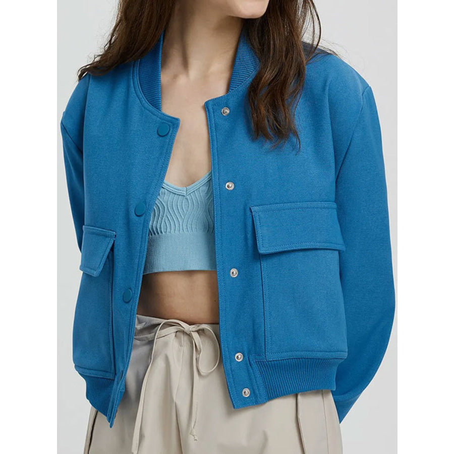 Pocketed Snap Down Baseball Collar Jacket Sky Blue / S Apparel and Accessories
