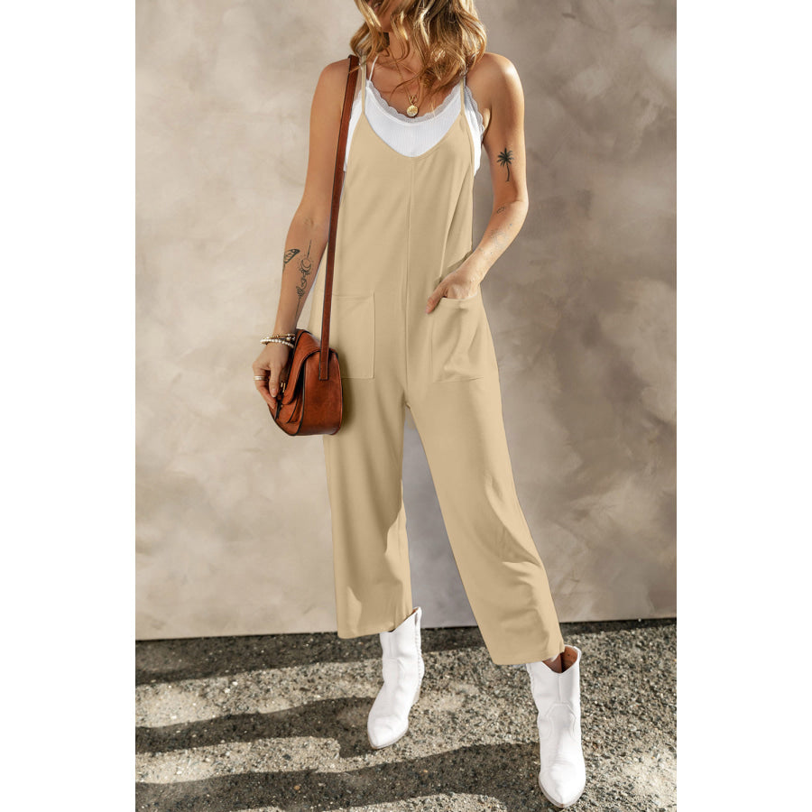 Pocketed Spaghetti Strap Wide Leg Jumpsuit Tan / S Apparel and Accessories